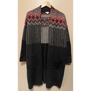 J Jill Cardigan Long Open Front Sweater Thick Red Gray Nordic Fair Isle Wmn Sz L